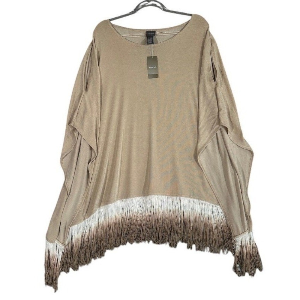Chico's Travelers Fringe Top Womens L/XL Canella Tan Boho Ombre Poncho 570174551